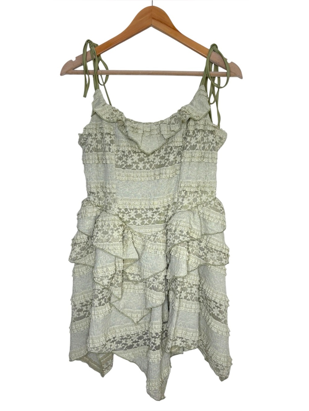 NWT Cider skirted romper light sage green ruffled lace tie strap size XL